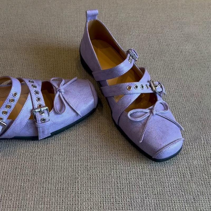 Leather version~ Square head bow sports ballet shoes cross buckle belt shallow mouth retro Mary Jane shoes women's single shoes
