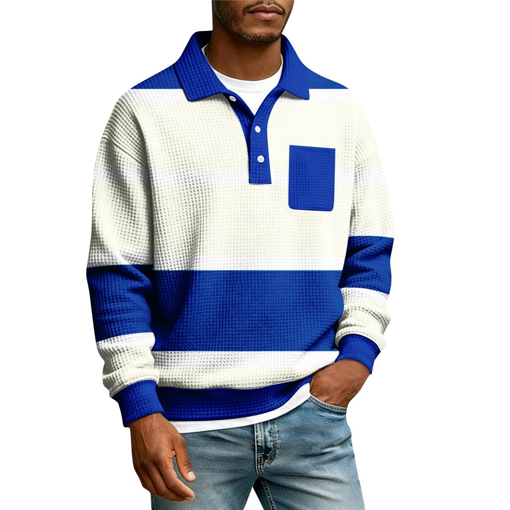 Men's Striped Single Breasted Long Sleeved Shirt With Collar And Pockets  Casual Sports T-shirt