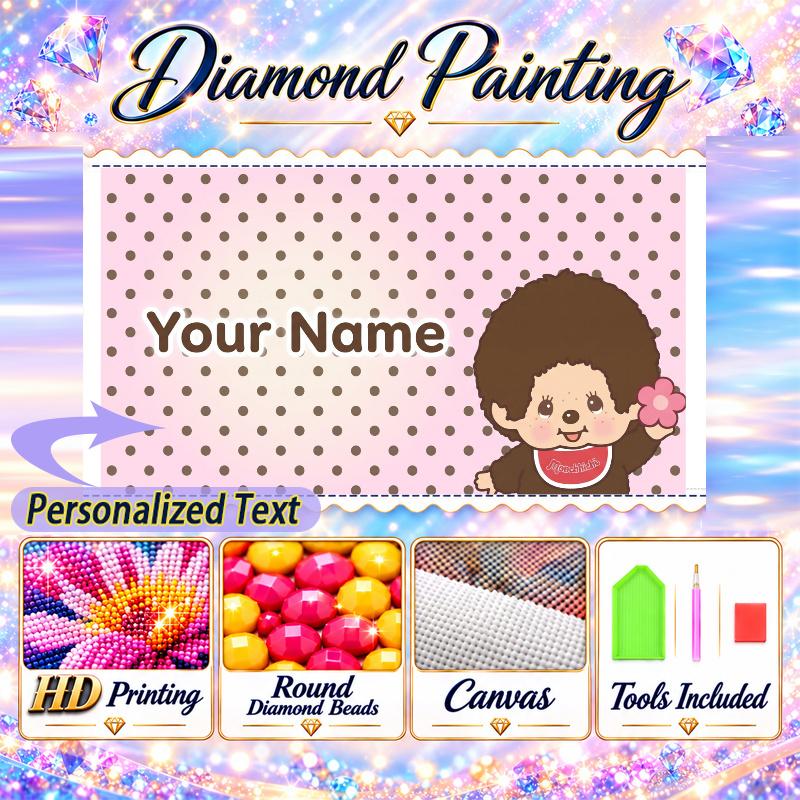 Monchhichi 5D DIY Diamond Painting Custom Name Text, Full Drill Rhinestone Mosaic Art Home Gift