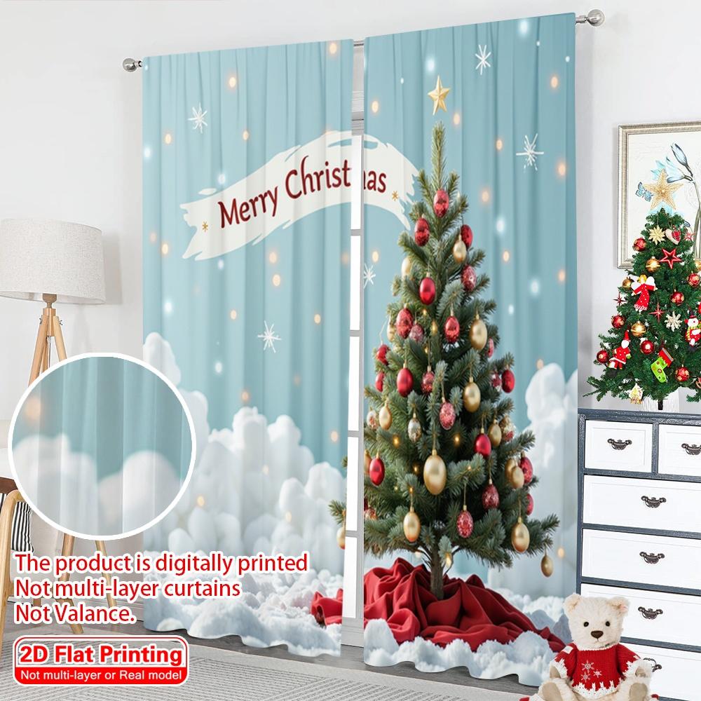 2pcs 2D Flat Printing Merry Christmas Popular Party Window Curtains Merry Christmas Tree 100% Polyester Fabric Without
