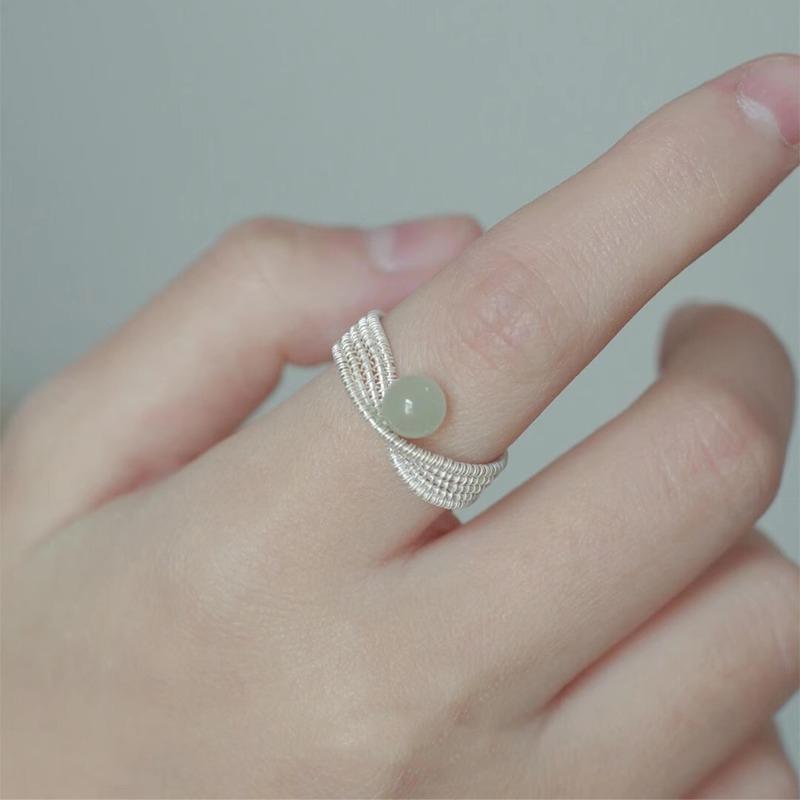 Sterling Silver Braided Line Hotan Jade Ring Female Minority Design National Style Ring