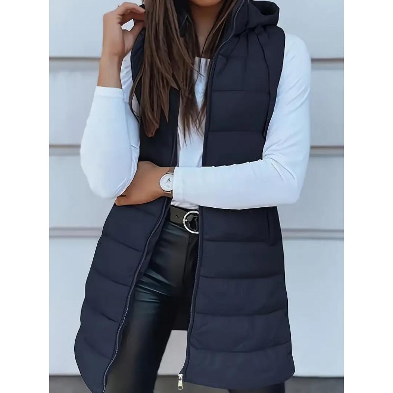 New women's coat solid color medium and long vest hooded slim sleeveless coat women