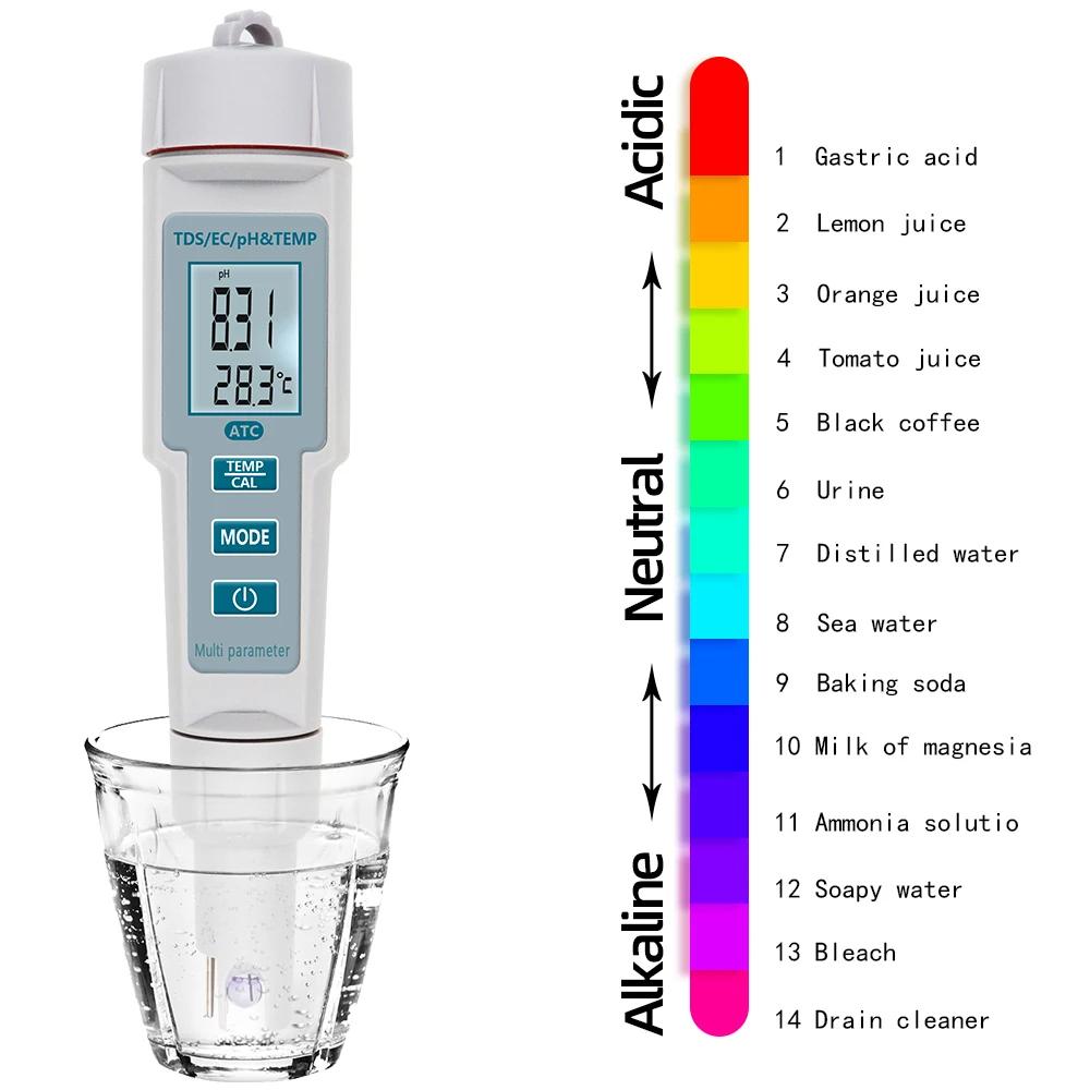 Multifunctional 4 In 1 Water Quality Tester Waterproof PH Meter PH EC TDS Temperature Detector for Pools Drinking Water Aquarium