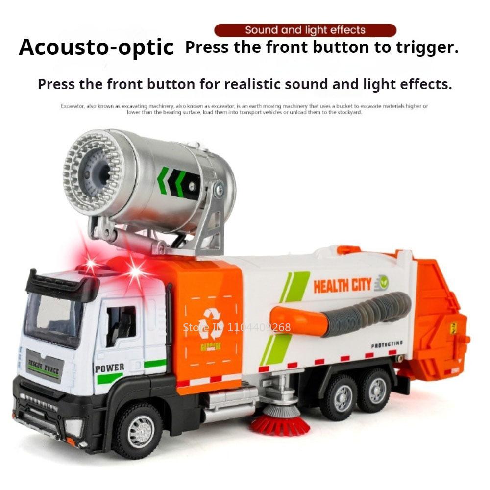 Scale 1:32 Electric Vacuum Cleaner Car Model Toy Metal Body Music Light Spray Engineering Vehicles Decorative Ornaments for Boys