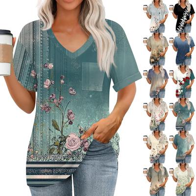 Blusas femininas com decote em V e manga curta, blusas casuais da moda, estampadas, túnicas, tops com bolsos