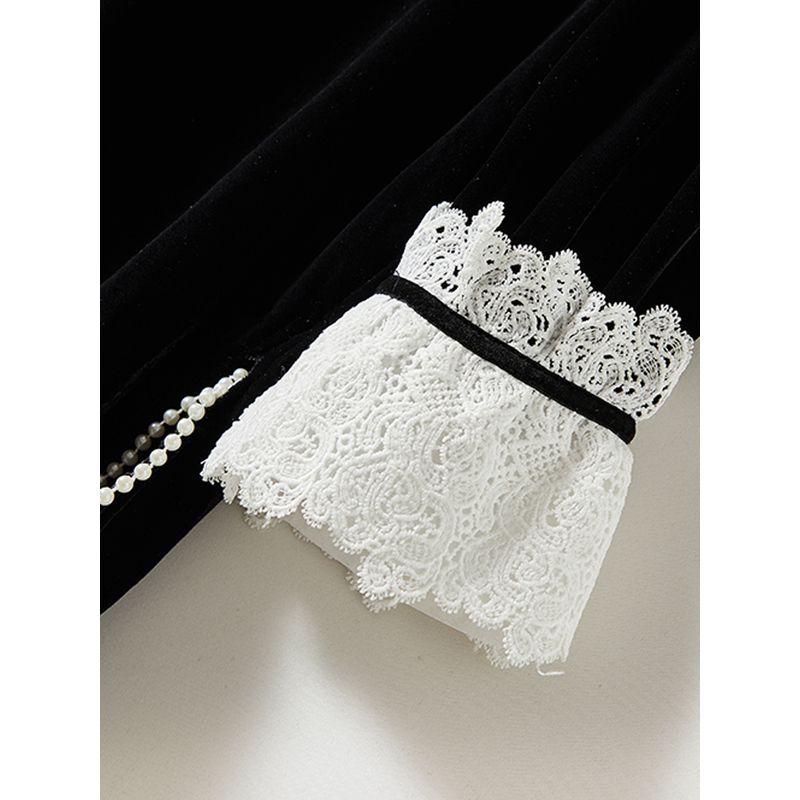 Feminine Black Dress! Lace Edge Small Horn Long Sleeve Pleuche Cocoon Shaped Pearl Edge Dress Spring & Fall Winter Skirt
