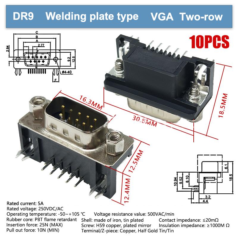 10Pcs Dr9 Hole/Pin Female/Male Right Angle Welded D-Sub 9 Pin Connector Rs232 Connector 90 Degree Bent Needle Dr9