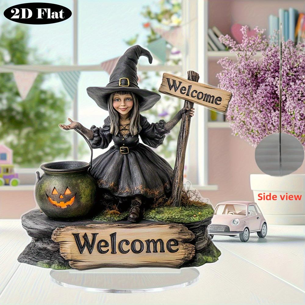 2D Flat Halloween Witch Pumpkin Acrylic Decoration - with Welcome Logo, Vintage Tabletop Ornament with Base, Perfect Halloween Gift