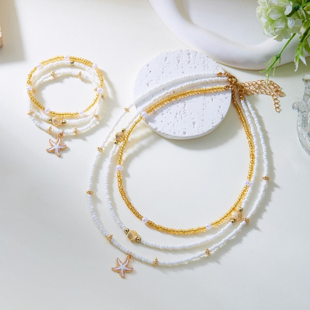 Summer Vacation Ocean Style Starfish Shell Rice Beaded Necklace Bracelet Set For Women Men Bohemian Sea Star Beach Jewelry Set