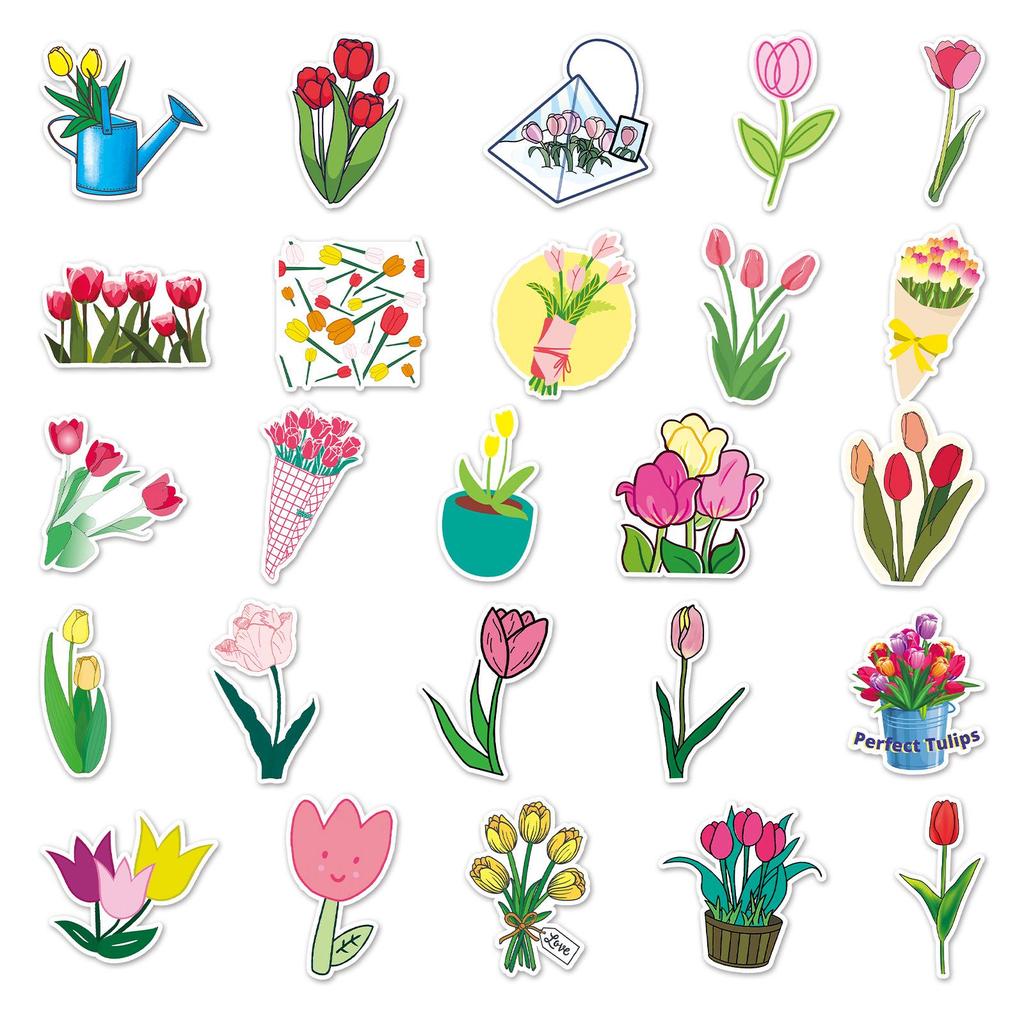 50pcs Waterproof Tulip Flower Stickers for Journals and Stationery Decoration