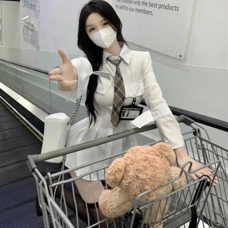 Klasik Beyaz Gömlek Elbise Kadın Wrap İnce Tasarım Polo Kısa Elbiseler Kore Moda Kpop Bahar Kravat