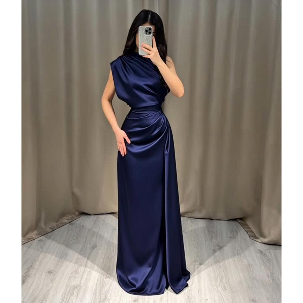 New Satin Round Neck Long Dress, High Waist Pleated Elegant Evening Party Gown