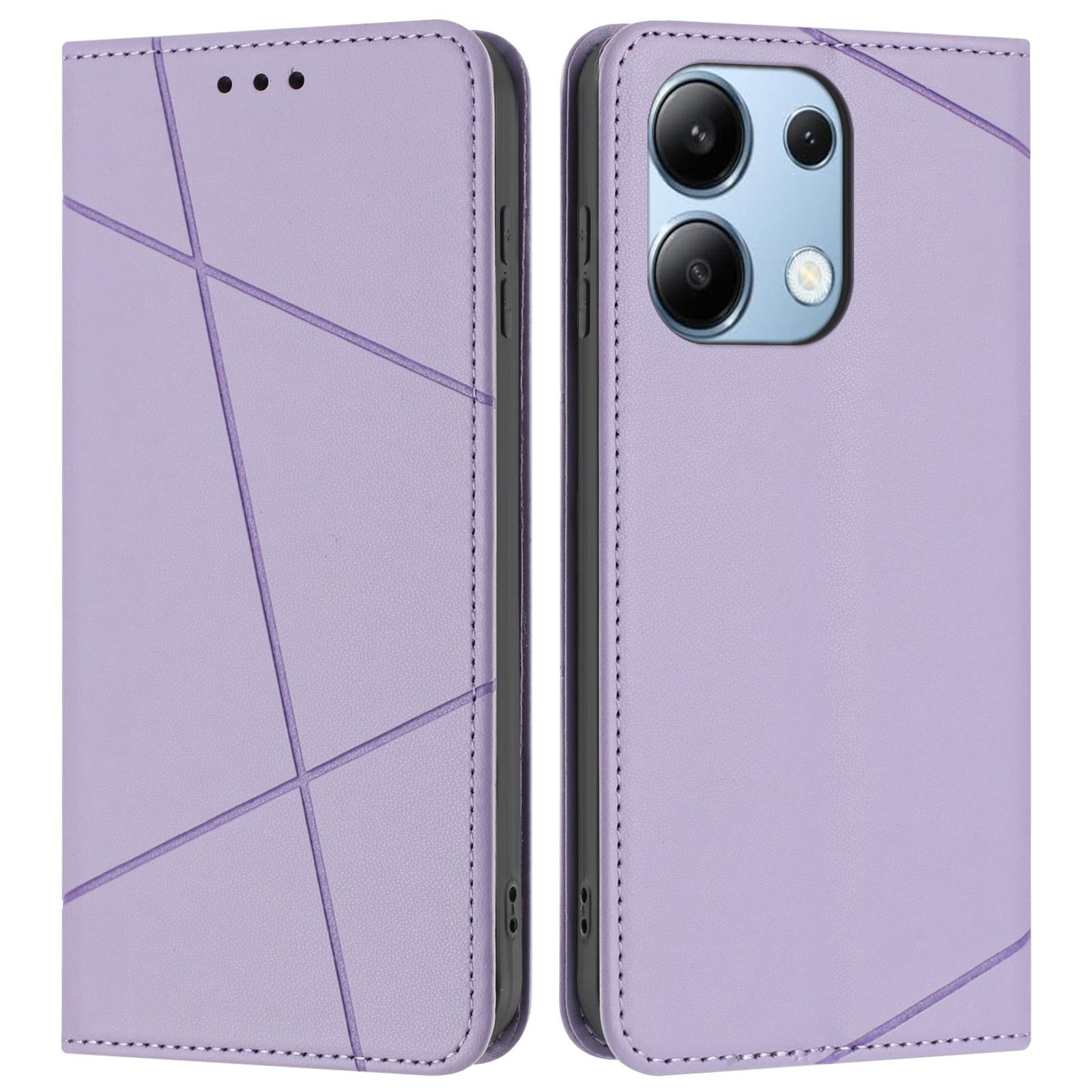 

Для Xiaomi Redmi Note 13 4G Чехол-кошелек Кожаный чехол-подставка с тиснением линий для телефона с ремешком на запястье Purple