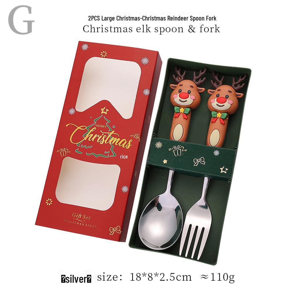 Reindeer Cartoon Christmas Spoon & Fork Set - Cute Stainless Steel Gift in Color Box