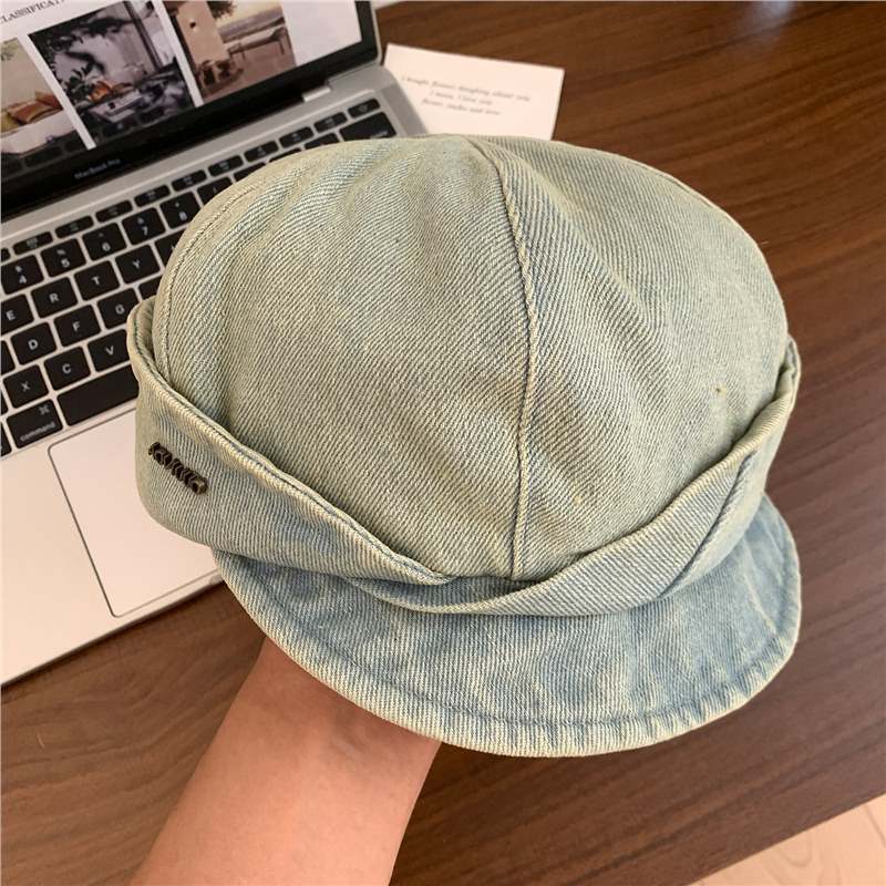 Literary and artistic washed denim niche design beret women's versatile face small sunshade sunscreen octagonal hat tide