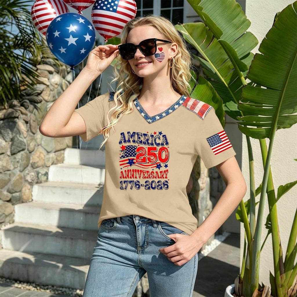 Women's Casual V Neck Short Sleeve Pullover T Shirt Top American Flag Print 250th Anniversary Graphic Tee Lightweight Comfortable