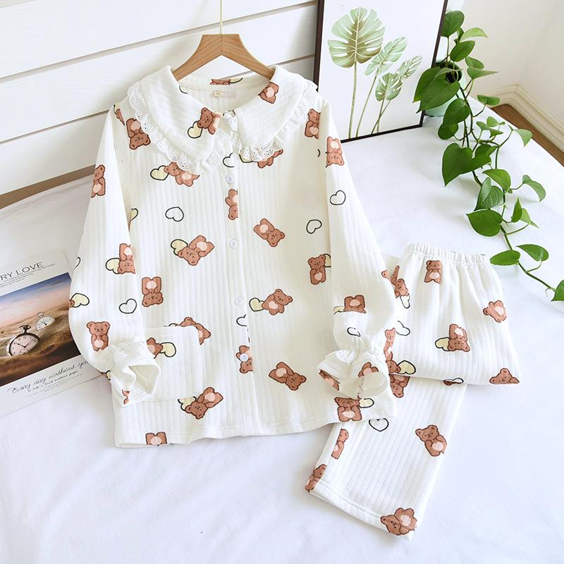 Fresh Sweet Winter Thicken Pajamas Sets Women Keep Warm 100% Scuba Cotton Quilted Long-sleeved Sleepwear