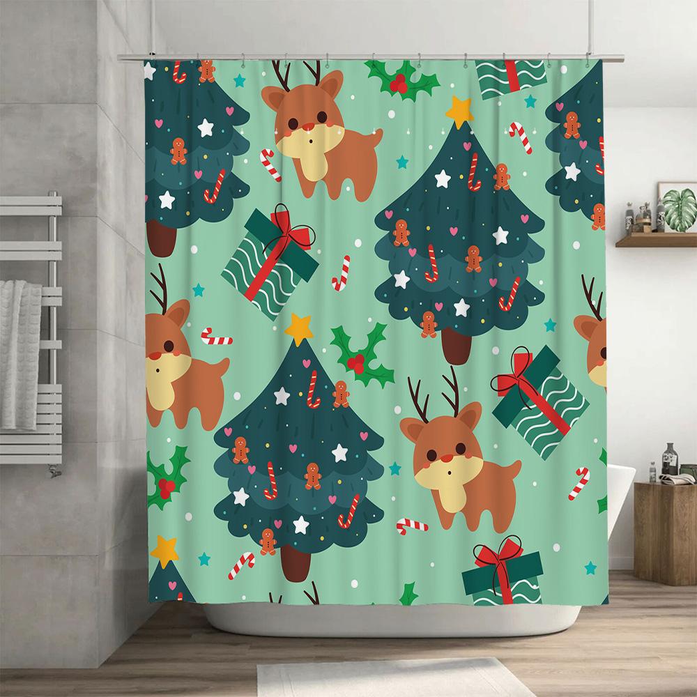 Christmas Shower Curtain with Reindeer Trees: Festive Decor for Your Bathroom Blue Green Xmas Holiday Print Bathroom Curtains Wa
