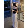 In stock at real price, pure desire style, sexy black slim-fit tube top, white loose wide-leg pants set, polyester.
