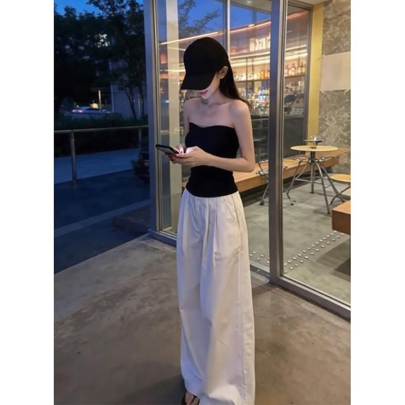 In stock at real price, pure desire style, sexy black slim-fit tube top, white loose wide-leg pants set, polyester.