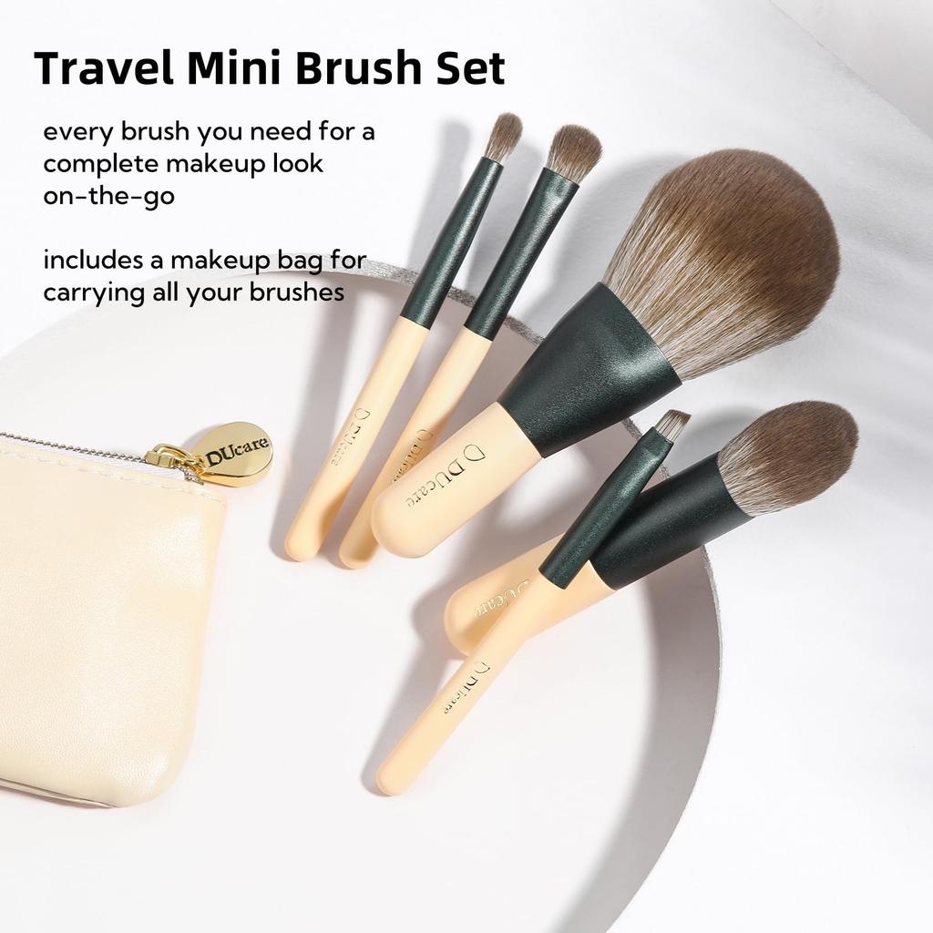 DUcare Portable Makeup Brush Set of with PU Storage Premium Fiber Fluffy Powder Blush Eyeshadow Eyebrow Portable Makeup Popular Cute Brush Set 5,