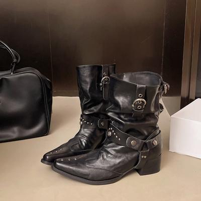 Botas de Cavaleiro Femininas Vintage Rebite Hottie Sapatos Outono Senhoras Elegantes Bico Fino Salto Grosso Botas de Cowboy Ocidentais Para Mulher