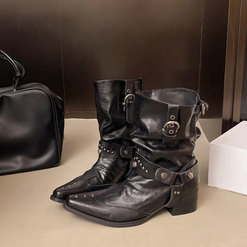 Woman Knight Boots Vintage Rivet Hottie Shoes  Autumn Ladies Elegant Pointed Toe Thick Heel Western Cowboy Botas Para Mujer