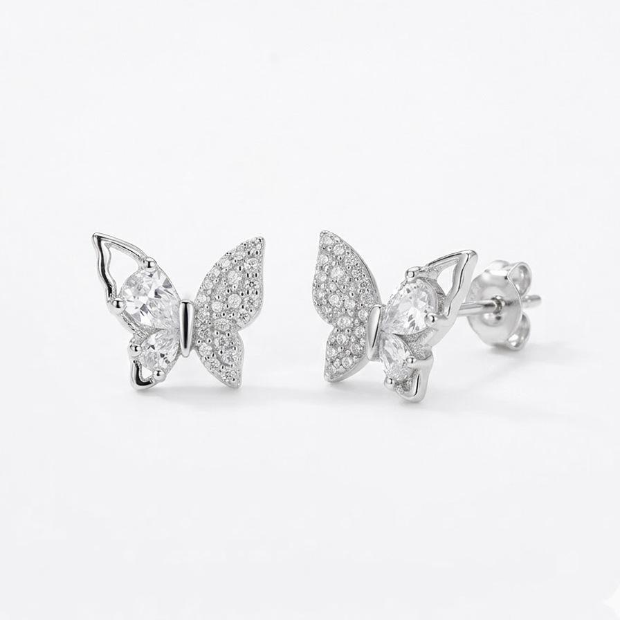 European American Retro Zircon Four-Leaf Clover Bow Heart Stud Earrings, 925 Silver