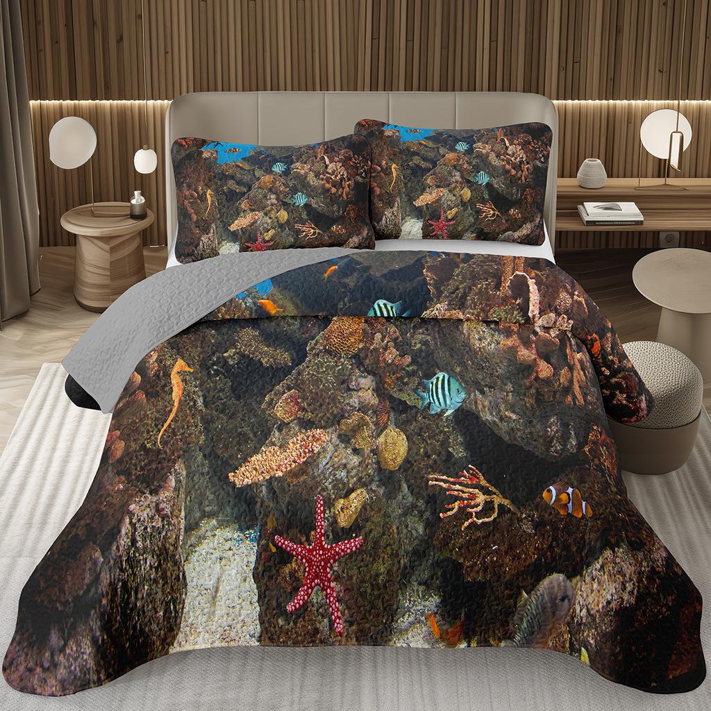 Fish Bedspread Twin Queen Ocean Marine Theme Coverlet Set for Boys Girls Teens Room Soft Lightweight Sea Animal Quilted Bedding