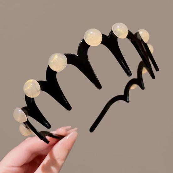 2Pcs Women Headband Faux Pearls Decor Anti-slip Teeth Hair Hoop Lightweight Elastic Hair Accessory Daily Wear
