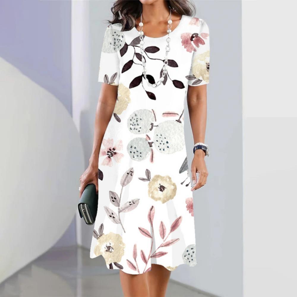 New Dress Fashion Woman Summer White 3D Printing O Neck Short Sleeve Sundresses Casual Vestidos Loose Maxi Dress