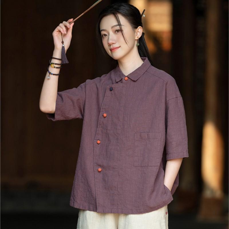 

Johnature Women Vintage Shirts Turn-down Collar Half Sleeve Tops Solid Color Button Summer Loose Shirts One Size