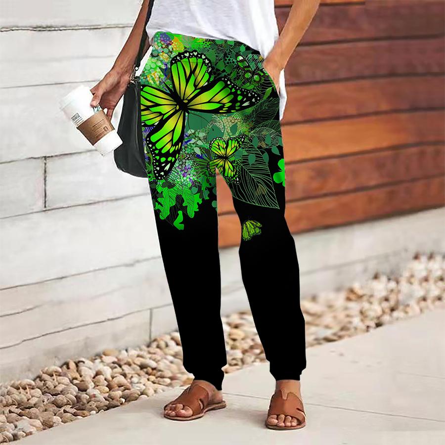 Damen Schmetterlingsdruck Hose Schnürung Elastischer Bund Weite Hose Lässige Lange Hose Hose mit Taschen