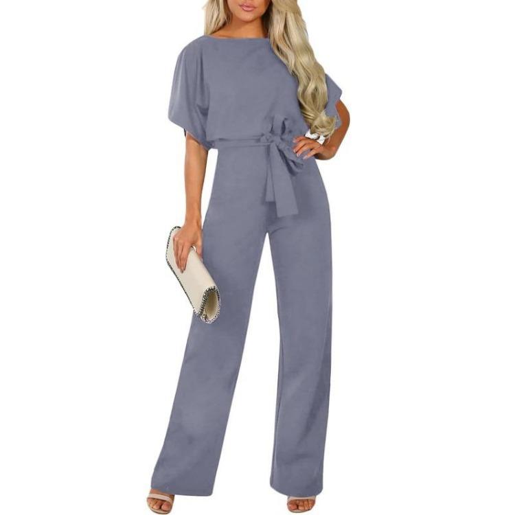 Elegant Women Slimming Jumpsuit with Batwing Short Sleeve and Lace Up Waist Solid Color Commuting Pantis Fashion Outfit