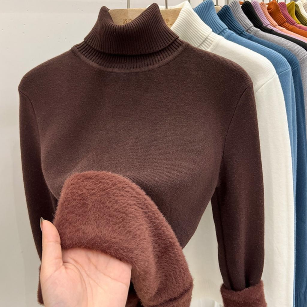 One Piece Velvet High Neck Sweater with Thickened Velvet for Women, Autumn and Winter New Warm Long Sleeved Base Sweater