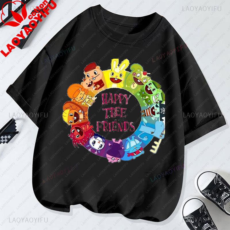 Camiseta Happy Tree Friends Estilo Kawaii Lindo Abrazos Dibujos Animados Gráfico Manga Corta Camiseta Oversize Casual Divertido Ropa Y2k