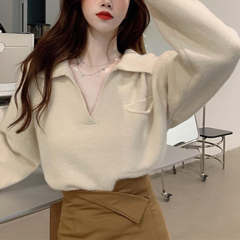 Hirsionsan oříznuté volné, jednobarevné pletené svetry s výstřihem do V, dámské Nové korejské kauzální retro svetry Minimalistické svetry s dlouhým rukávem