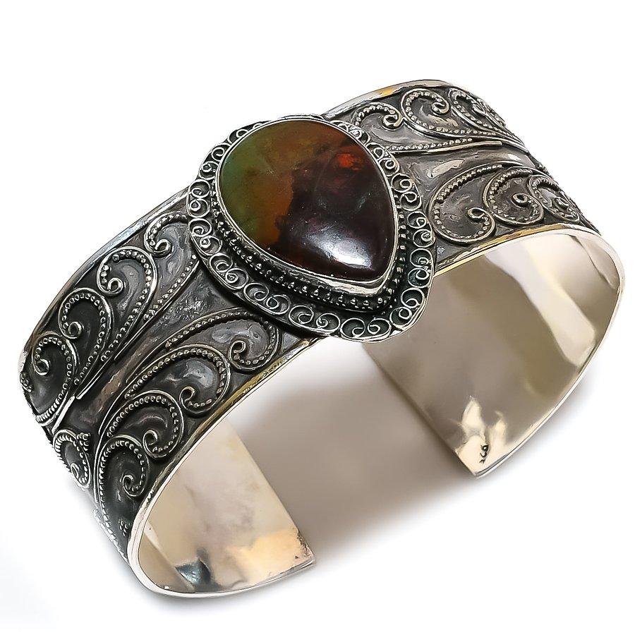 Natural Chrysoprase Gemstone 925 Sterling Silver Cuff Bangle Adjustable ETC-14494
