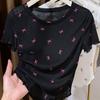 Ultra Thin and Translucent Short Sleeved T-shirt with Bow Print for Women Paired with A Base Layer Underneath