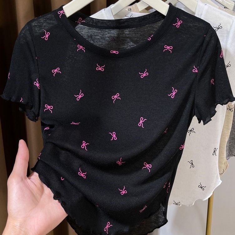 Ultra Thin and Translucent Short Sleeved T-shirt with Bow Print for Women Paired with A Base Layer Underneath