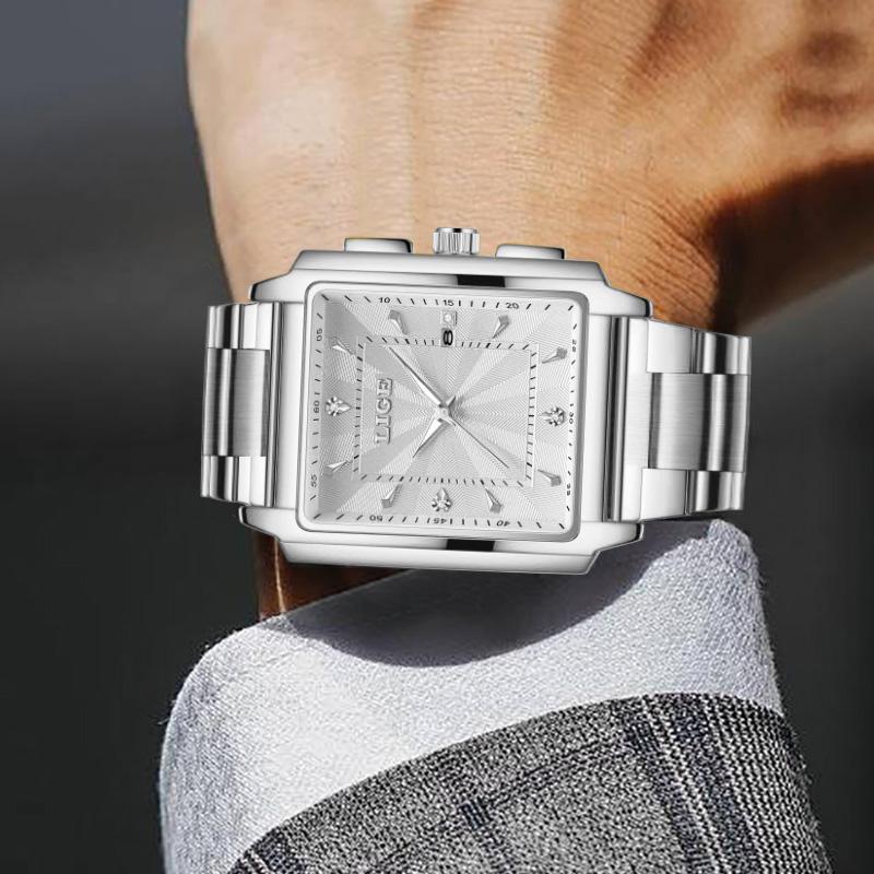 LIGE Luxury Man Wristwatch Waterproof Luminous Date Stainless Men's Watches Sports Square Men Watch Casual Quartz Male Clocks