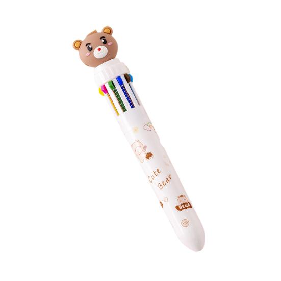 10-In-1 Retractable Ballpoint Pen Cartoon Bear Colored Pen 0.5MM Fine Point Smooth Writing Colorful Ball Pen Students School Office Supplies
