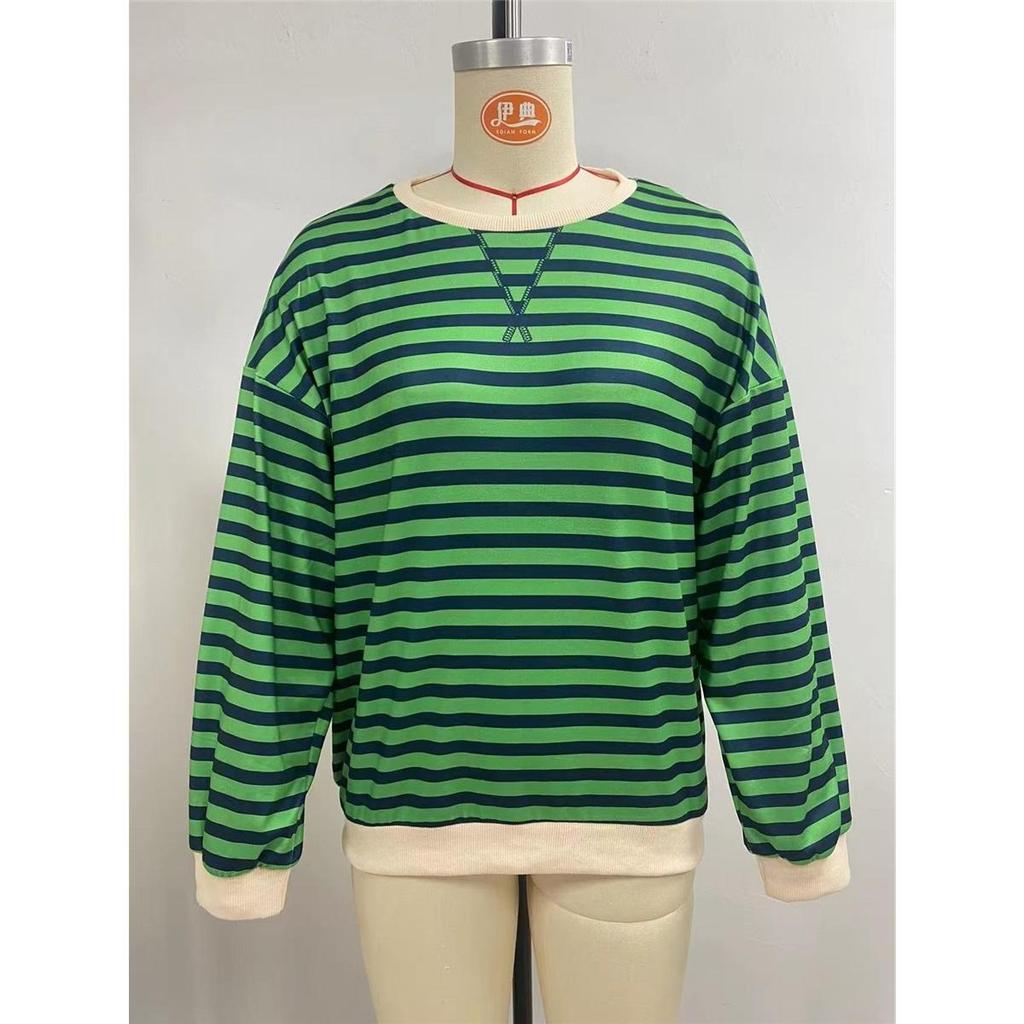 Women's Simple Home Casual Striped Pattern Round Neck Trendy Long-sleeved Pullover Color Block T-shirt