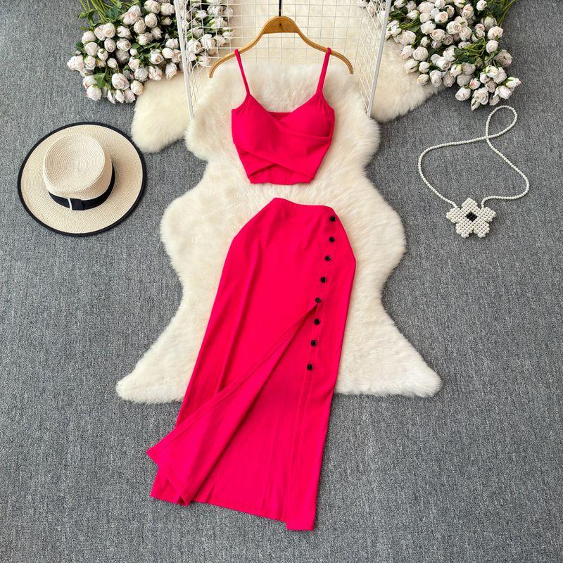 Fashion Suit Women's Summer Sexy Padded Strap Vest Two-Piece Set High Waist Slimming Slit Sheath Skirt