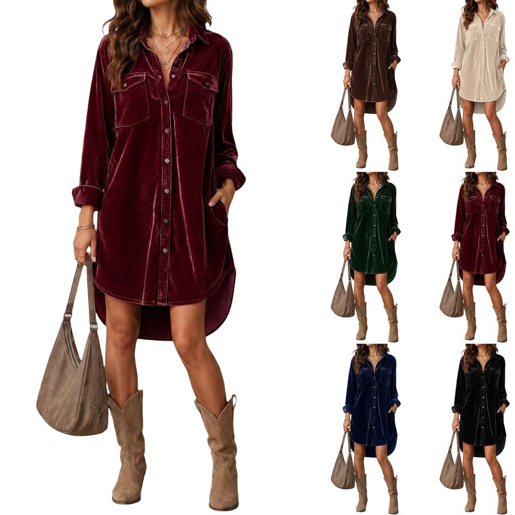 Women's Fashion Casual Velvet Shirt Dress with Pockets for Everyday Wear and Work