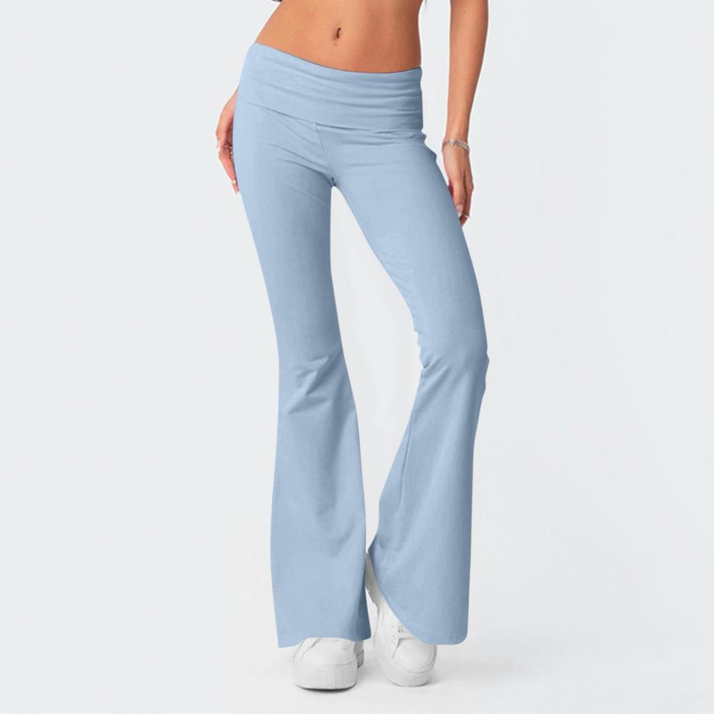 Damenmode, einfarbig, schmale Passform, schmale umgekehrte Taille, niedrige Taille, elastische Taille, Schlaghose
