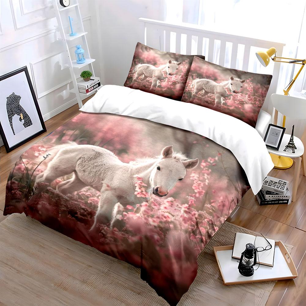 White Horse Floral Art Set For Decor Soft Comfortable Duvet Cover Bedding Set Included 1*Duvet Cover & 2*Pillowcases, Gift