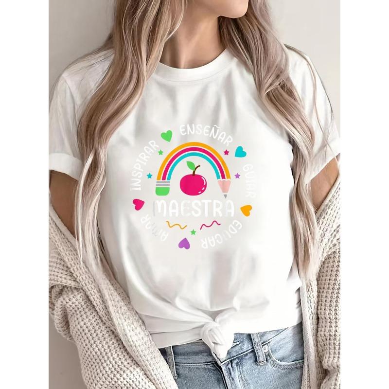 European Size Women's Maestra Teacher-Themed T-Shirt - Rainbow Apple & Apple Pencil Print Casual Short Sleeve Top