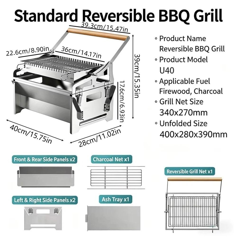 Klappbarer 360° drehbarer Stahlgrill Abnehmbares Grillrost Holzgriff Kleiner Grillrost Rostbeständig Belüftungslöcher