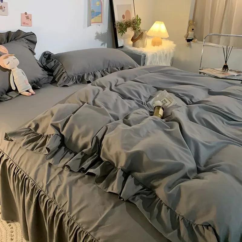 Ins Princess Style Bedding Set For Woman Cute Girl Solid Color Ruffles Duvet Cover Queen King Bed Sheet Bed Skirt Pillow Covers